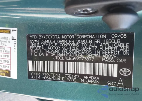 2009 Toyota Corolla Le z USA, uszkodzony, nr VIN JTDBL40E599077877